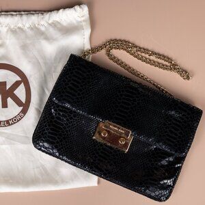 Michael Kors Black Snake Print Clutch with Gold Chain
